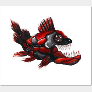 Watercolor black-red cross-finned fish Posters and Art